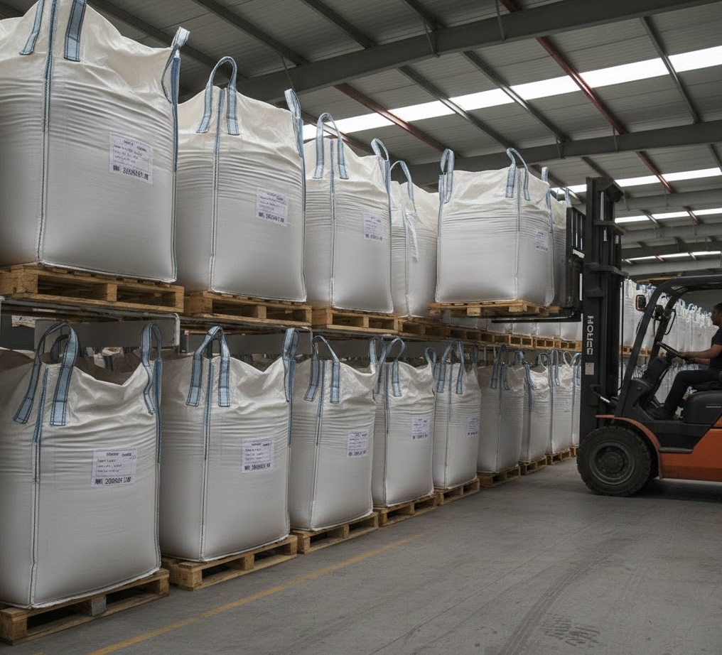 Bulk bags warehouse with organized FIBCs on pallets and forklift operations